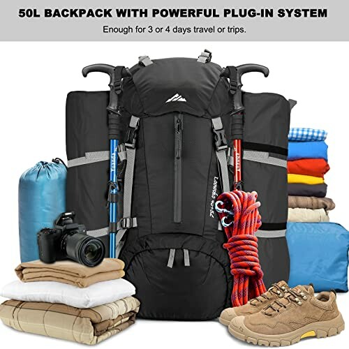 50L backpack with hiking gear, clothes, camera, rope, and shoes.