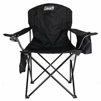 Black folding camping chair with cup holder.