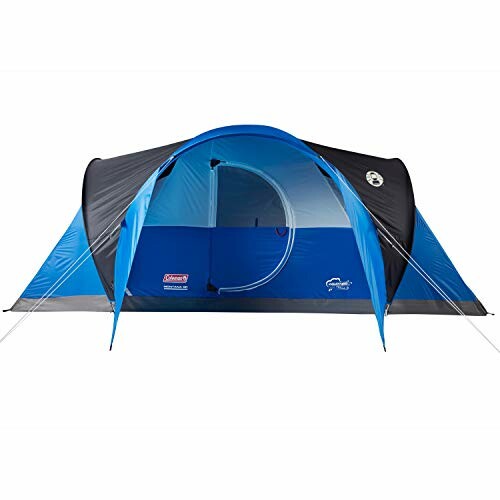 Blue and black camping tent with logo.