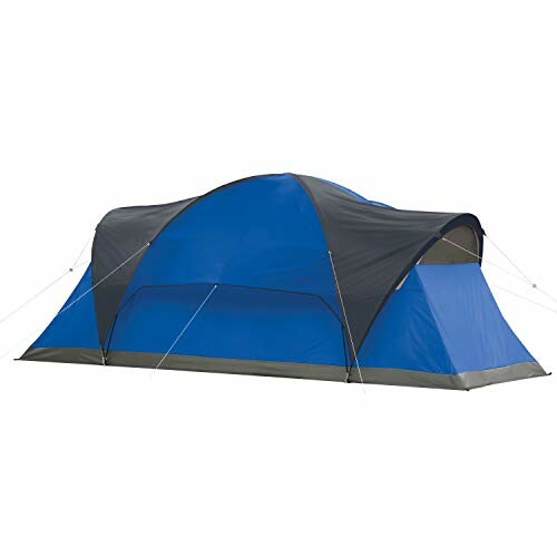 Blue camping tent with gray rainfly