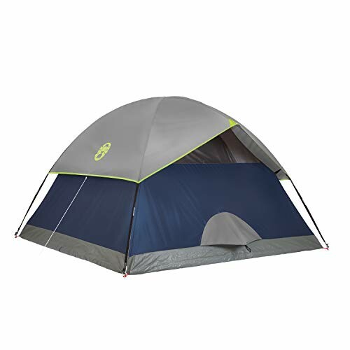 A blue and gray camping tent with a dome shape.