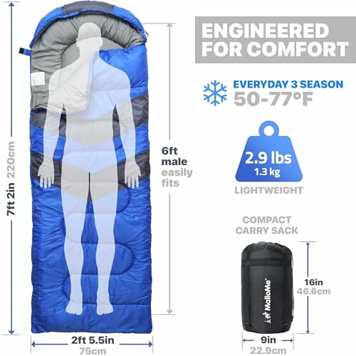 Sleeping bag dimensions and features, suitable for 50-77ÃÂÃÂÃÂÃÂÃÂÃÂÃÂÃÂÃÂÃÂÃÂÃÂÃÂÃÂÃÂÃÂ°F, lightweight at 2.9 lbs.