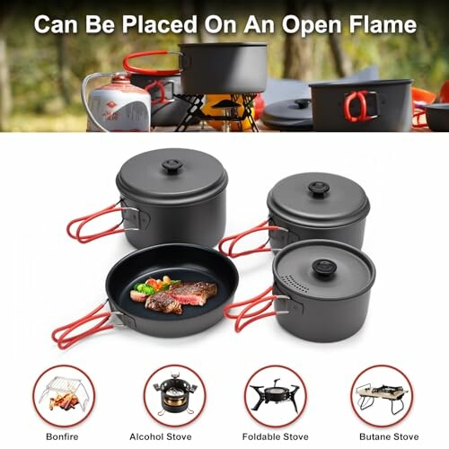 Camping cookware set with pots and a pan on a bonfire and stove.