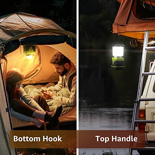 Two images showing a camping lantern used inside a tent and hanging outside a camper.