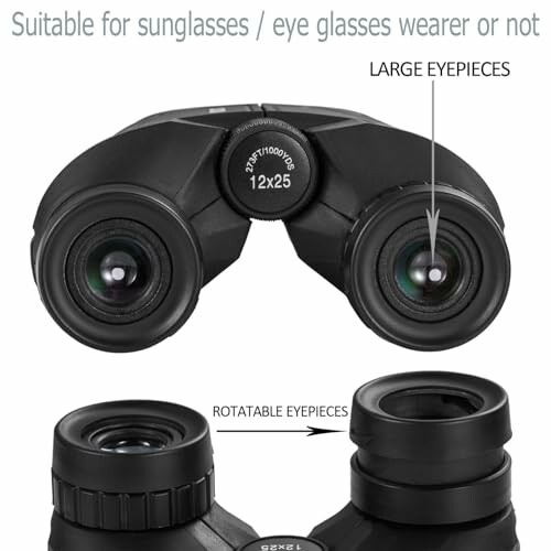 Compact binoculars with large eyepieces and rotatable eyecups.