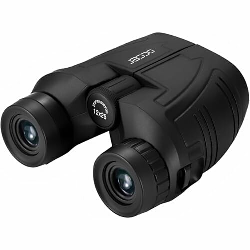 Compact black binoculars with 12x25 lens.