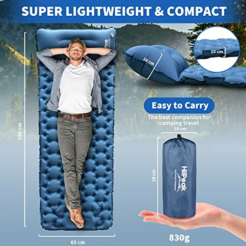 Man lying on a compact, lightweight sleeping pad with dimensions and carrying case.