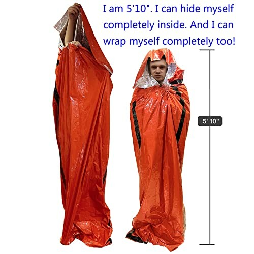 Person demonstrating an orange emergency survival blanket with a height comparison.