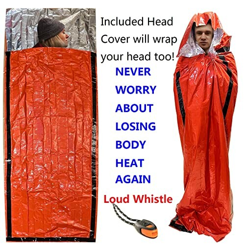 Emergency sleeping bag with head cover and loud whistle.