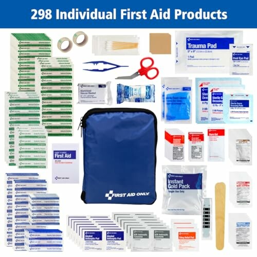 Comprehensive first aid kit with 298 items including bandages, gauze, antiseptic wipes, scissors, and a blue carrying case.