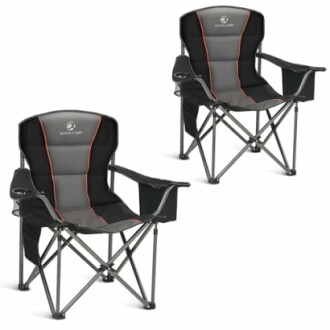 Two black and gray folding camping chairs with armrests.