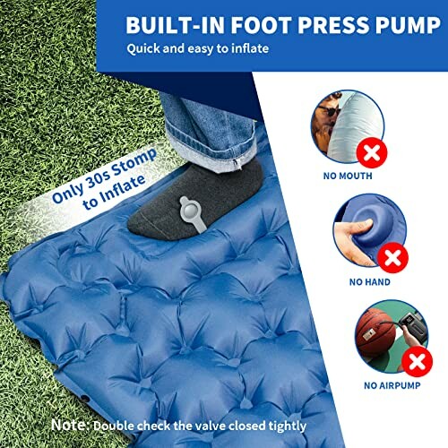 Foot pressing on inflatable mat with text about built-in foot pump.