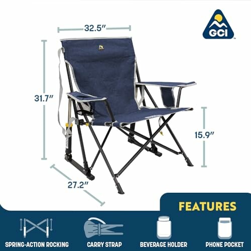 GCI outdoor rocking chair with spring-action, carry strap, beverage holder, and phone pocket.