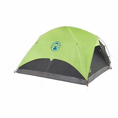 Green camping tent with logo.