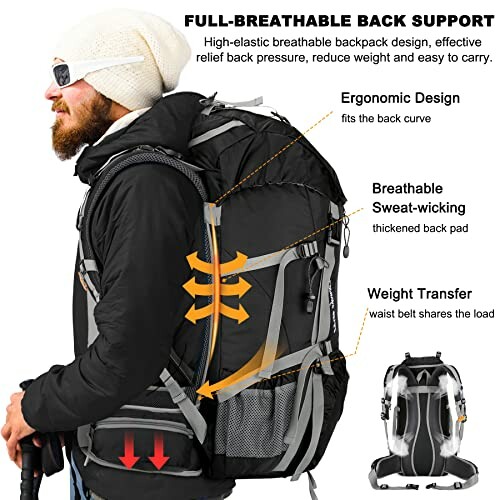 Person wearing a black breathable backpack with ergonomic design and weight transfer features.