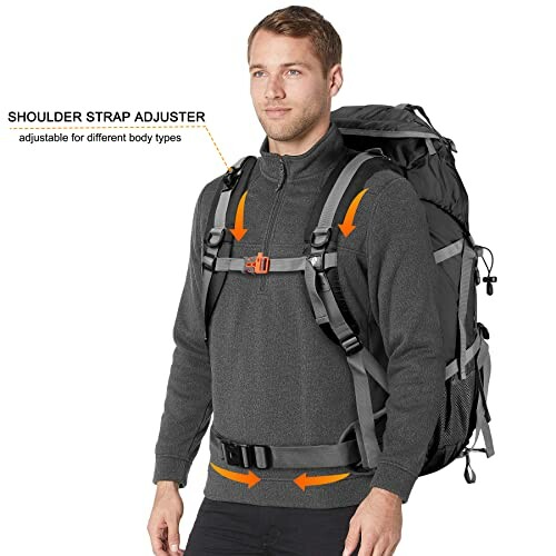 Man wearing a hiking backpack with adjustable shoulder straps.