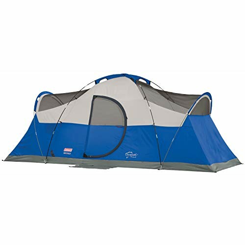 Blue and gray camping tent with multiple sections