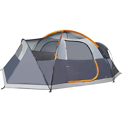 Large gray and orange camping tent for outdoor use