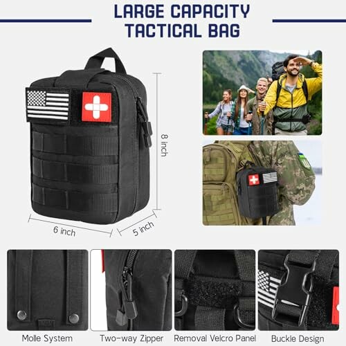 Large capacity tactical bag with patches and compartments.