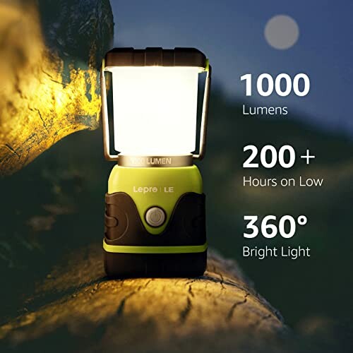 LED camping lantern on a log with brightness details.