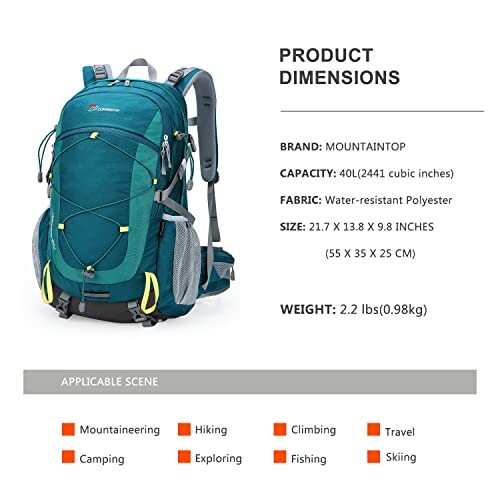 Mountaintop backpack with product dimensions and features.