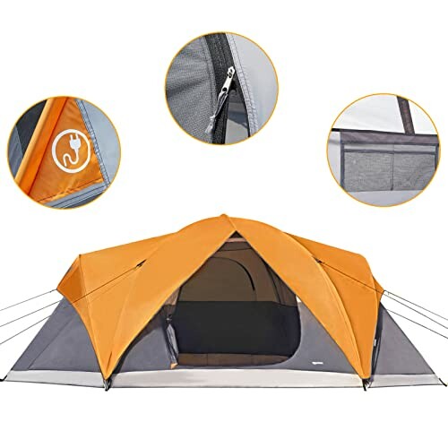 Orange camping tent with close-up views of features including ventilation, zipper, and storage pocket.