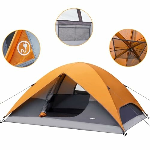 Orange camping tent with mesh windows and top view.