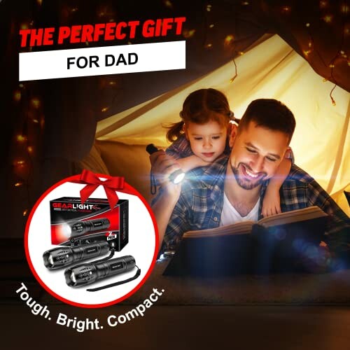 Dad and child reading with flashlight, perfect gift suggestion.