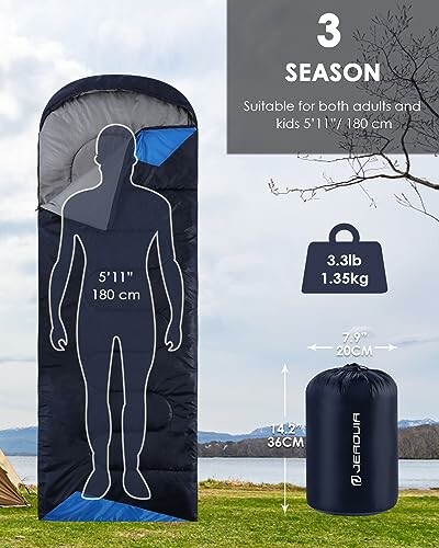 3 season sleeping bag suitable for adults and kids 5'11