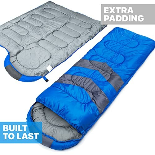 Two sleeping bags with extra padding, blue and gray color.