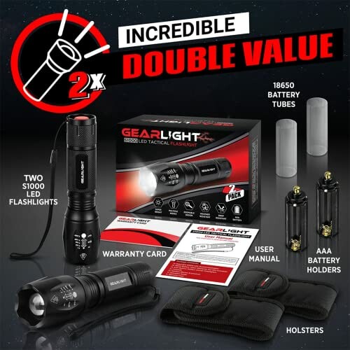 Tactical flashlight set with accessories and packaging.