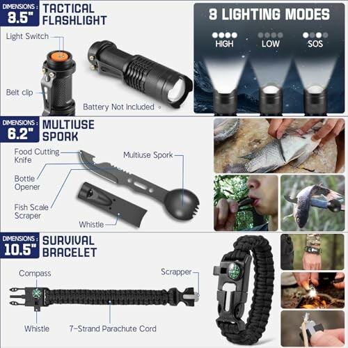 Tactical flashlight, multiuse spork, and survival bracelet with features.