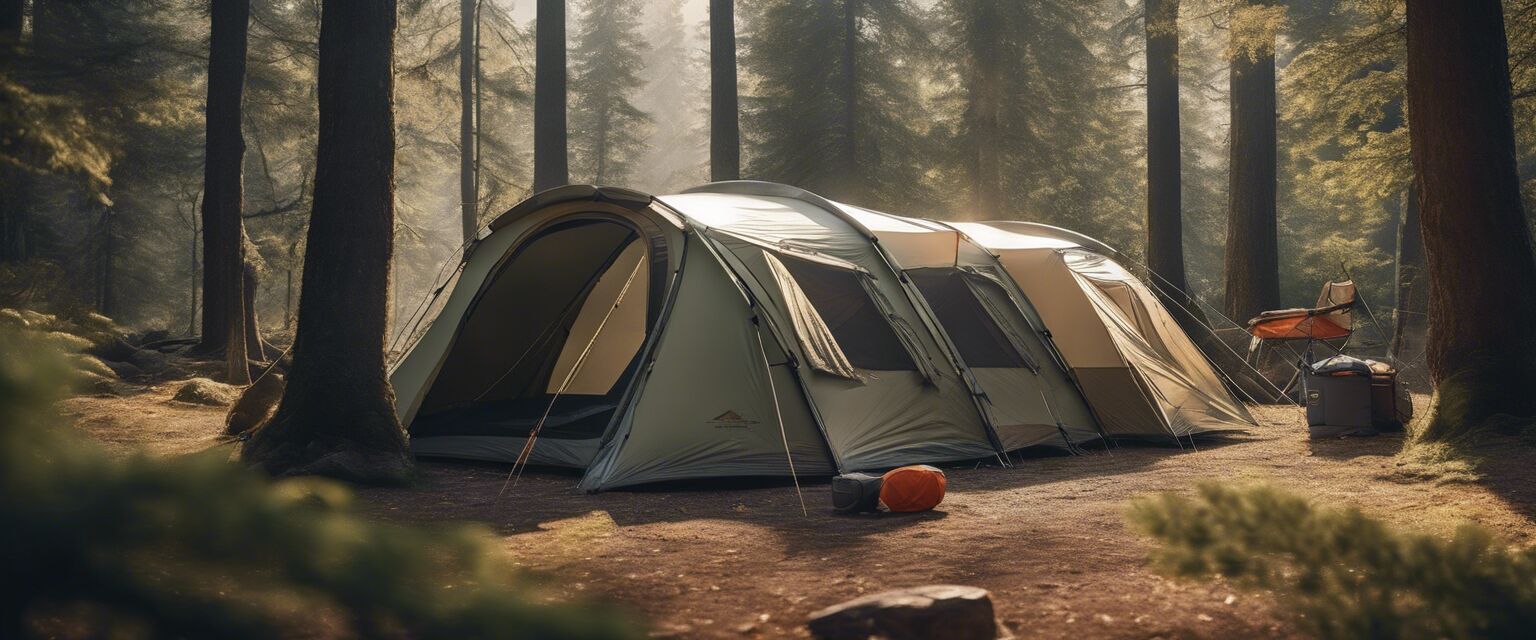 Family tent set up in the woods